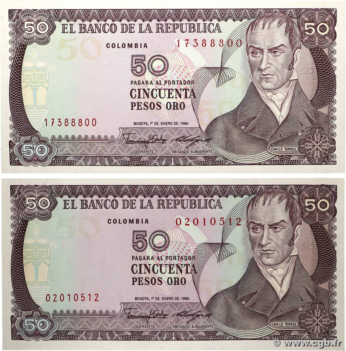 50 Pesos Oro Lot COLOMBIE  1986 P.425b SPL