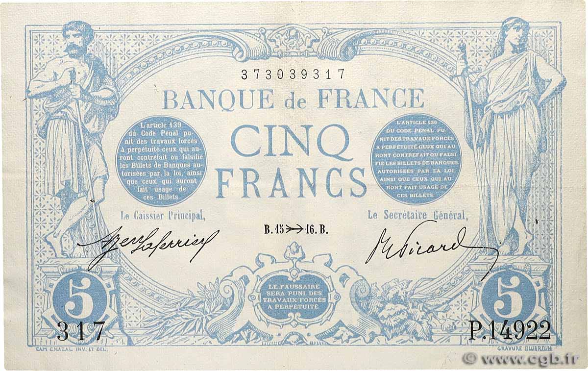 5 Francs BLEU FRANCE  1916 F.02.45 XF
