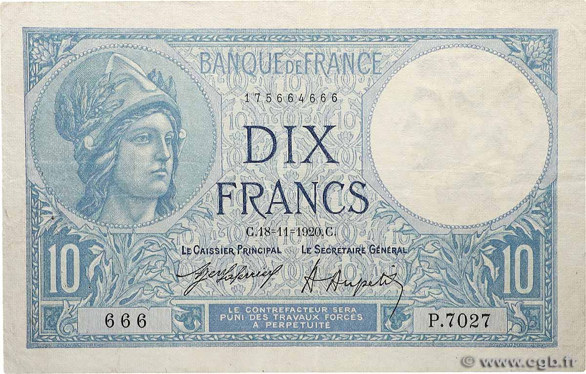 10 Francs MINERVE Numéro spécial FRANCE  1920 F.06.04 VF-