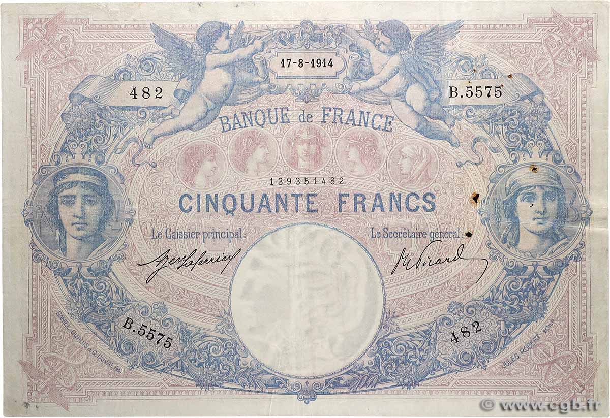50 Francs BLEU ET ROSE FRANCE  1914 F.14.27 TTB