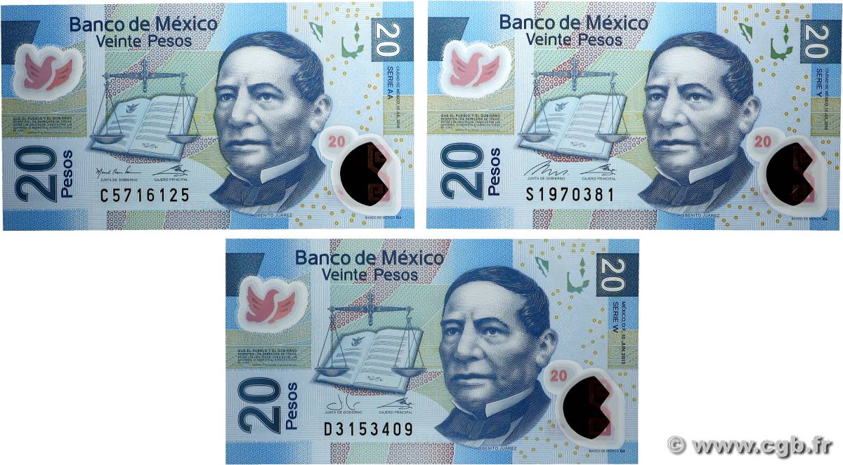 20 Pesos Lot MEXIQUE  2013 P.122w, P.122y et P.122aa NEUF