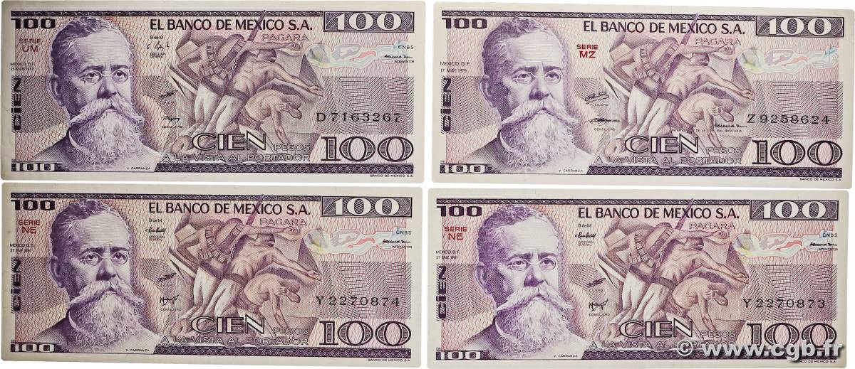 100 Pesos Lot MEXIQUE  1979 P.68c, P.074a, P.074b et P.074c pr.NEUF