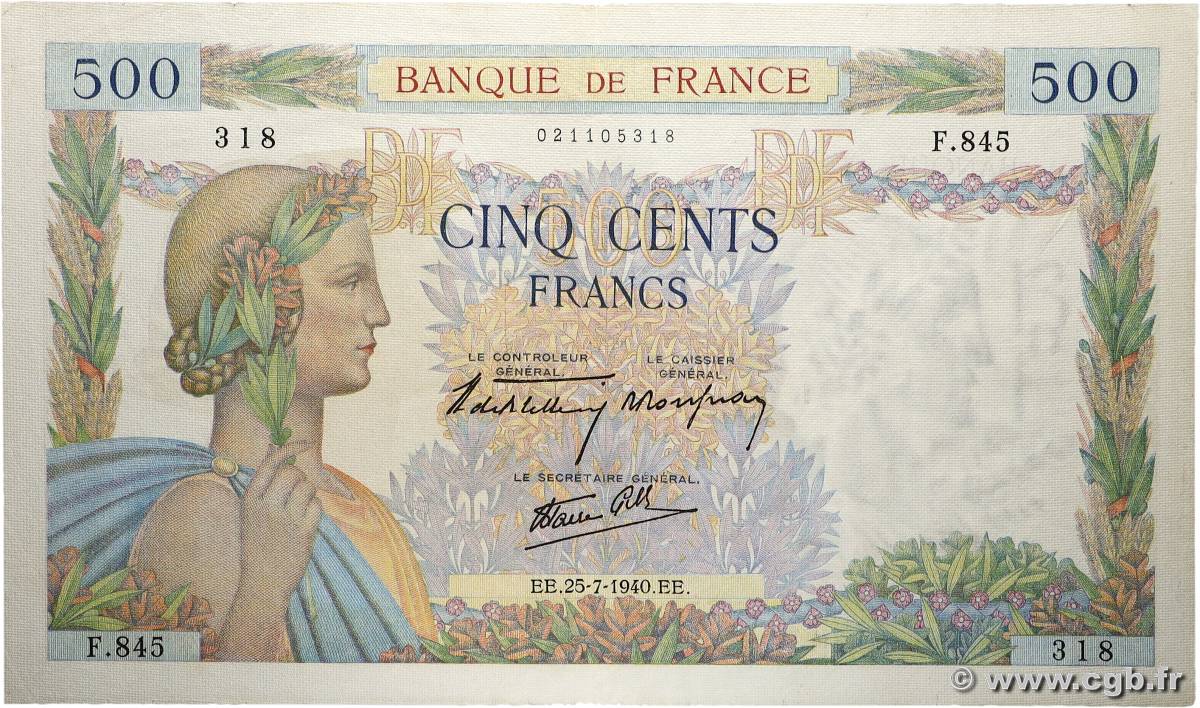 500 Francs LA PAIX FRANCE  1940 F.32.05 VF
