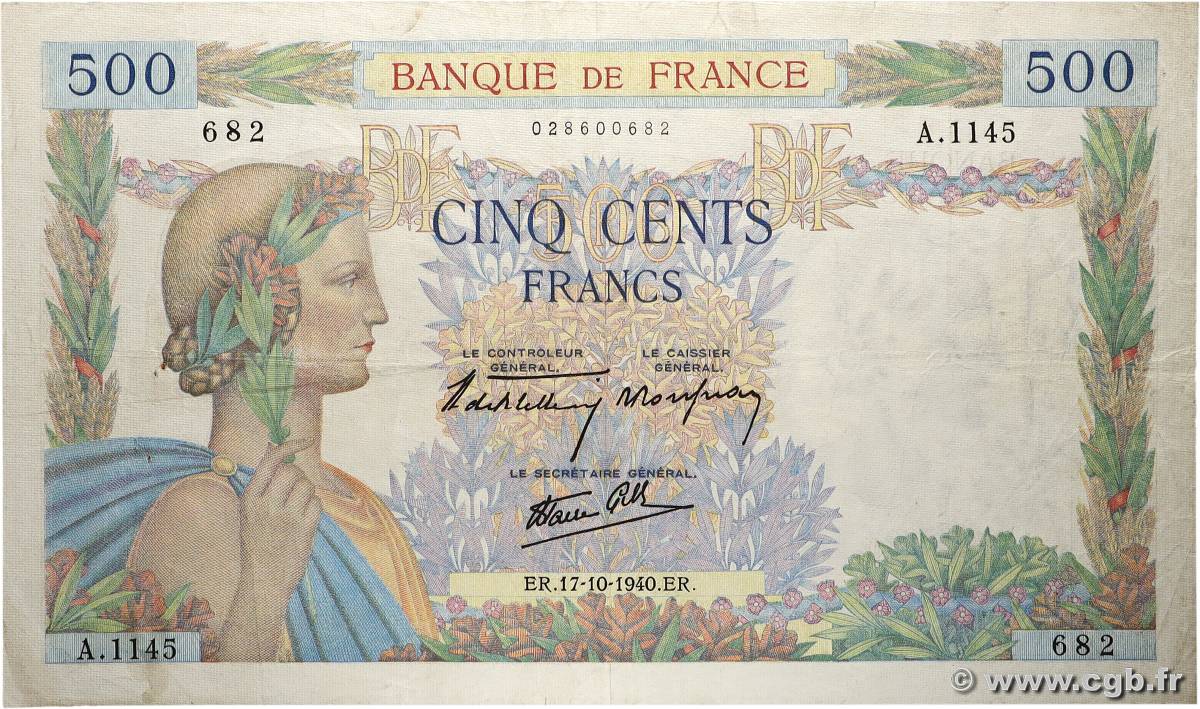 500 Francs LA PAIX FRANCE  1940 F.32.07 F+