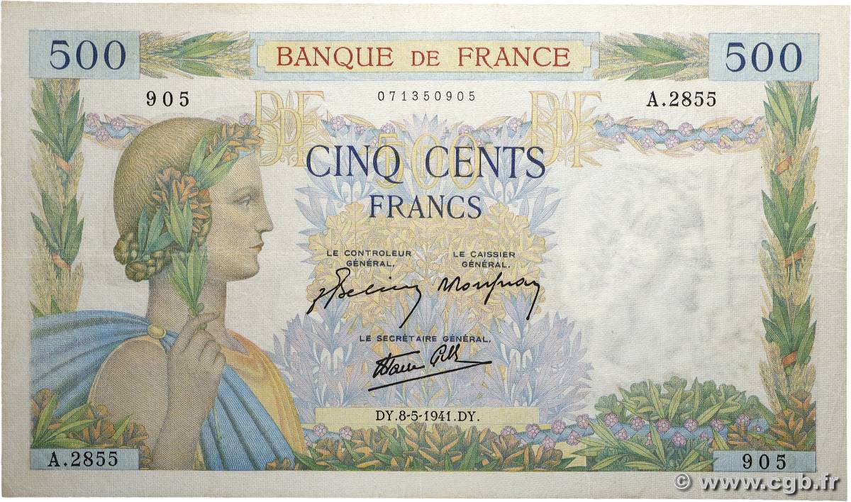 500 Francs LA PAIX FRANCE  1941 F.32.16 VF