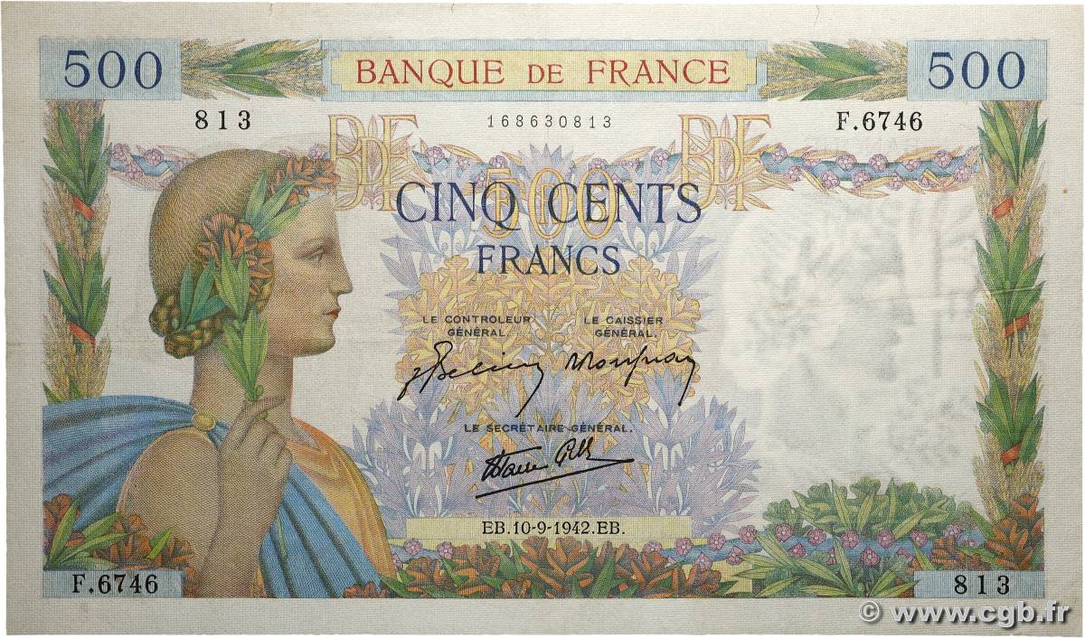 500 Francs LA PAIX FRANCE  1942 F.32.40 VF