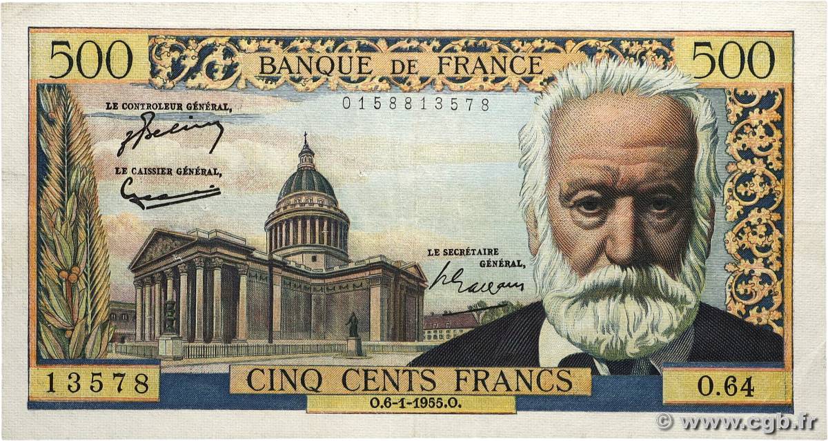 500 Francs VICTOR HUGO FRANCE  1955 F.35.04 VF