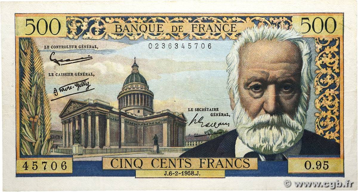 500 Francs VICTOR HUGO FRANCE  1958 F.35.08 F+