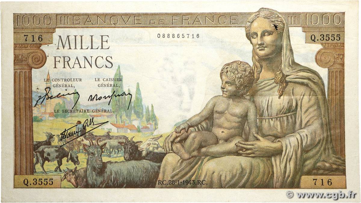 1000 Francs DÉESSE DÉMÉTER FRANCE  1943 F.40.17 VF