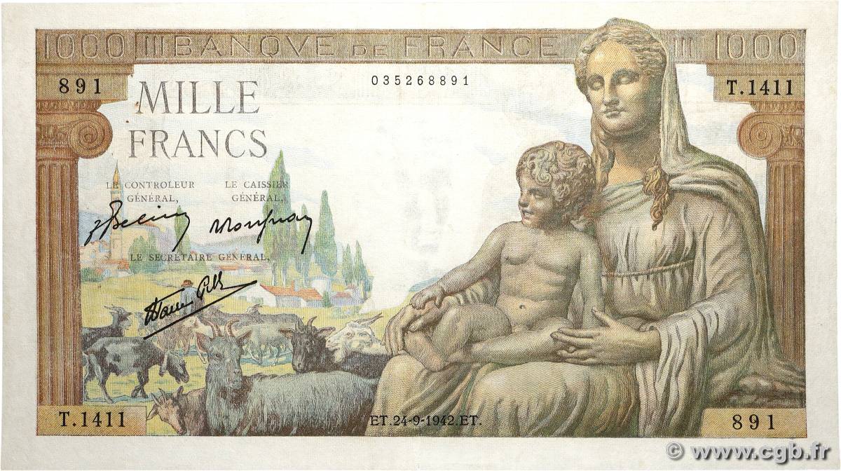 1000 Francs DÉESSE DÉMÉTER FRANCE  1942 F.40.07 F