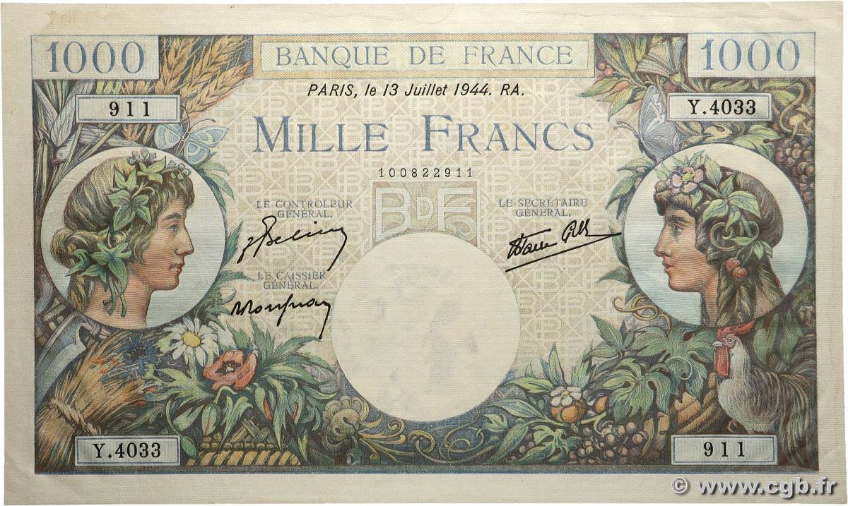 1000 Francs COMMERCE ET INDUSTRIE FRANCE  1944 F.39.11 XF