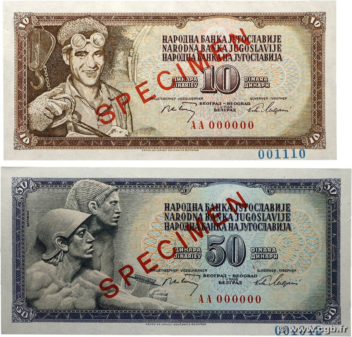 10 et 50 Dinara Spécimen YOUGOSLAVIE  1968 P.082s et P.083s pr.NEUF