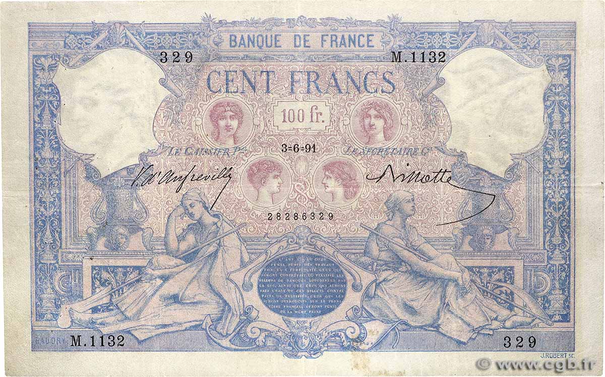 100 Francs BLEU ET ROSE FRANCE  1891 F.21.04 VF-