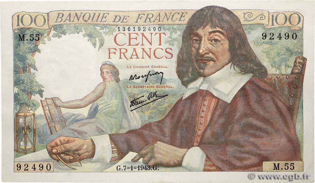 100 Francs DESCARTES FRANCE  1943 F.27.03 AU