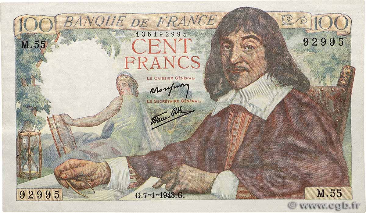 100 Francs DESCARTES FRANCE  1943 F.27.03 AU