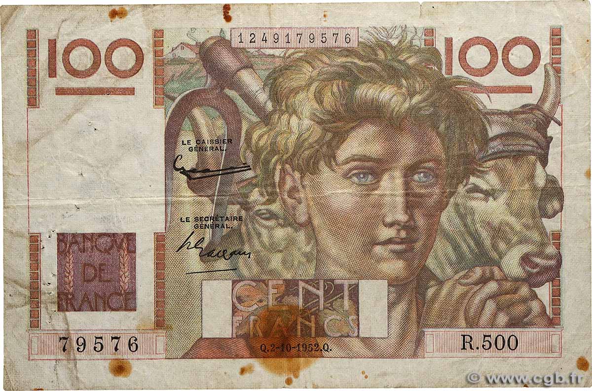 100 Francs JEUNE PAYSAN FRANCE  1952 F.28.34 VG