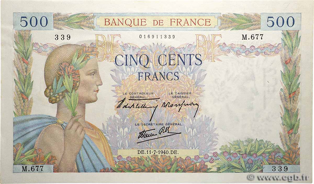 500 Francs LA PAIX FRANCE  1940 F.32.04 SPL