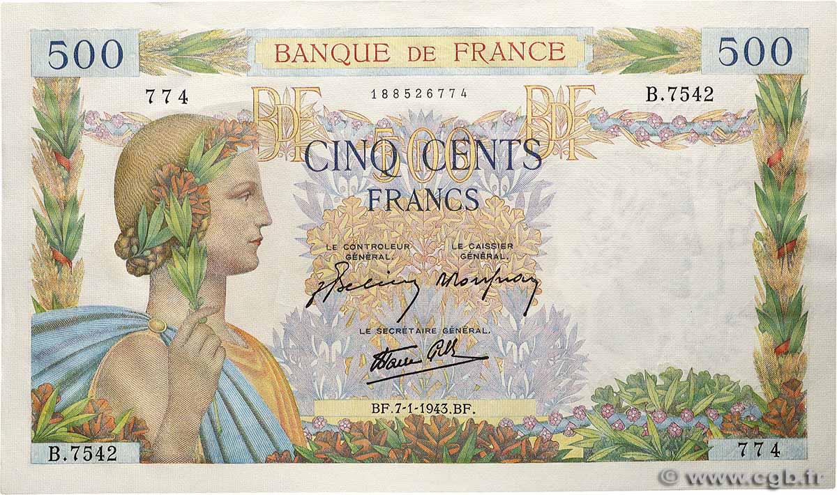 500 Francs LA PAIX FRANCE  1943 F.32.44 AU+