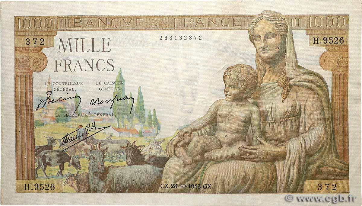 1000 Francs DÉESSE DÉMÉTER FRANCE  1943 F.40.38 VF