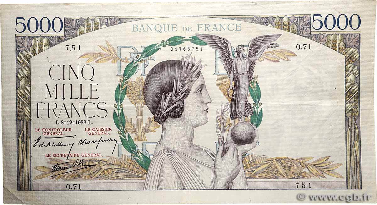 5000 Francs VICTOIRE Impression à plat FRANCE  1938 F.46.01 F+