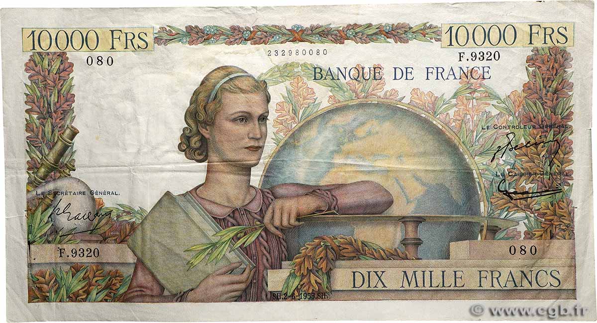 10000 Francs GÉNIE FRANÇAIS Numéro radar FRANCE  1955 F.50.75 F+