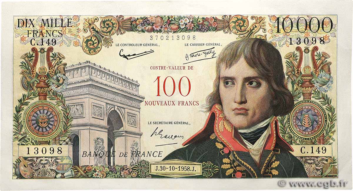 100 NF sur 10000 Francs BONAPARTE FRANCE  1958 F.55.01 XF+