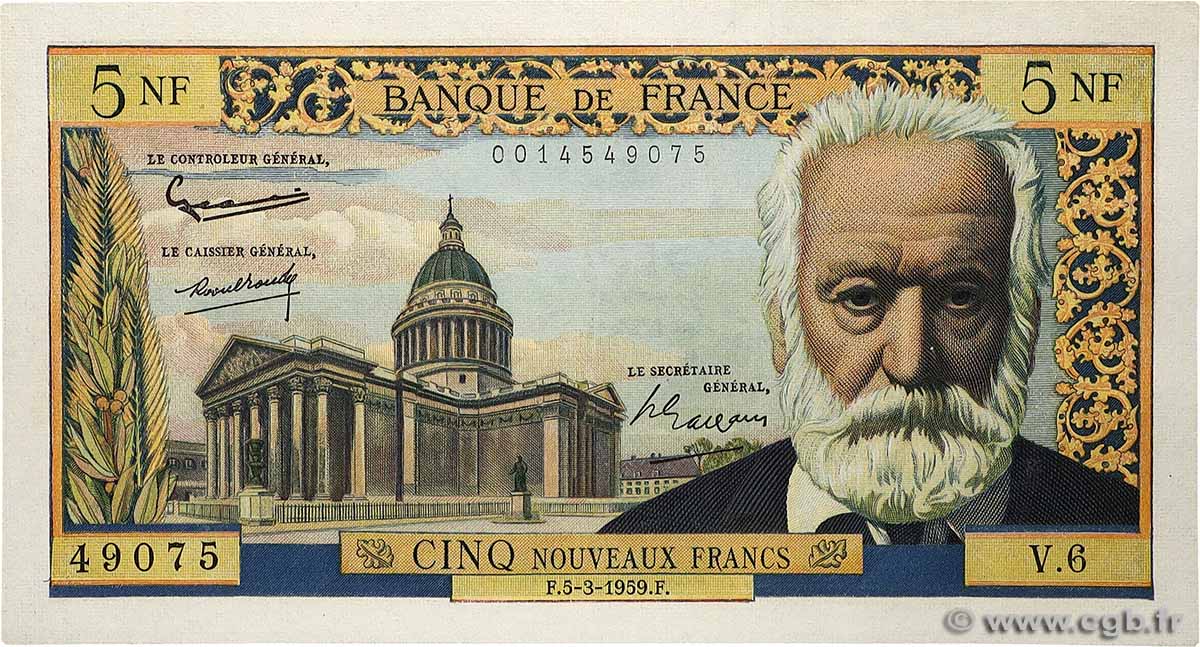 5 Nouveaux Francs VICTOR HUGO FRANCE  1959 F.56.01 AU