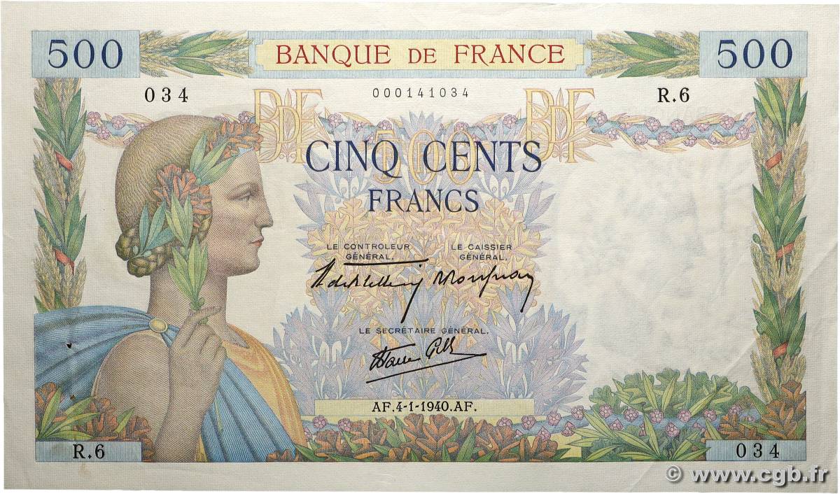 500 Francs LA PAIX FRANCE  1940 F.32.01 TTB+