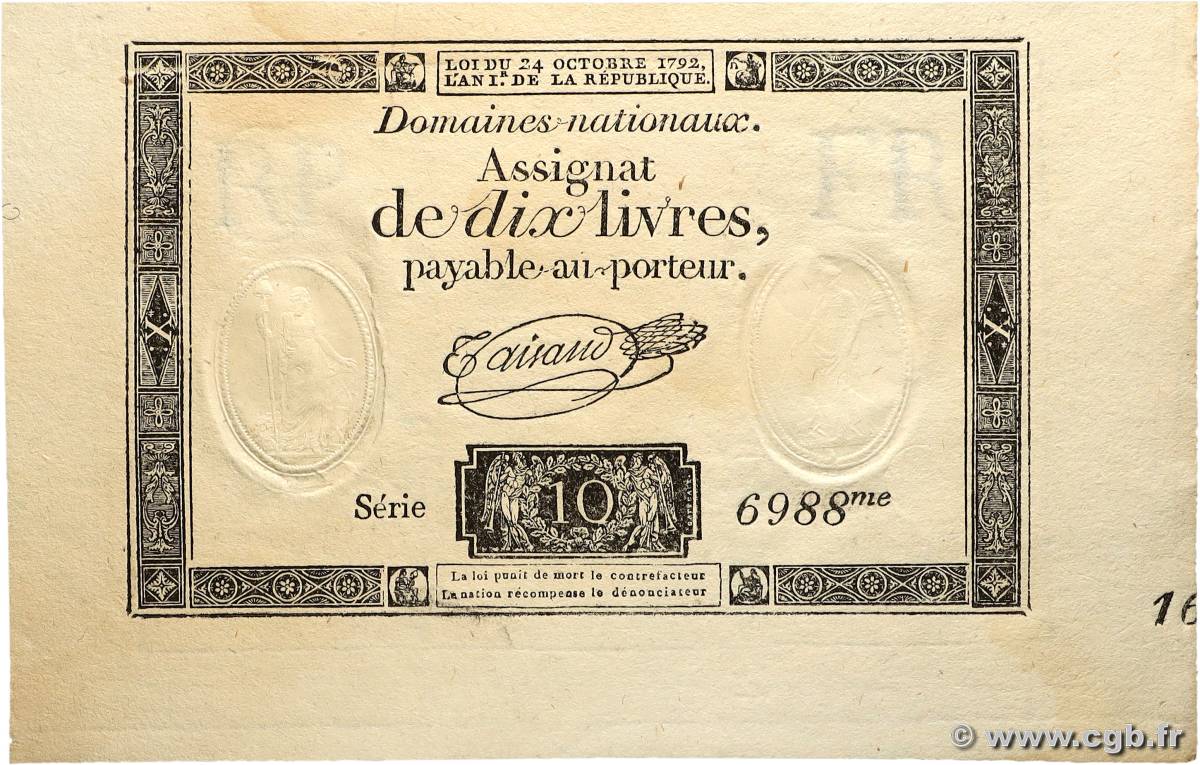 10 Livres filigrane républicain  FRANCE  1792 Ass.36b AU+