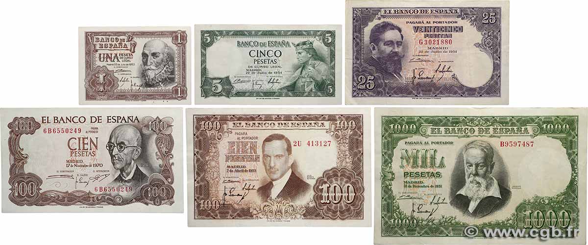 1 au 1000 Pesetas Lot SPAIN  1951 P.143a au P.147 et P.152 VF