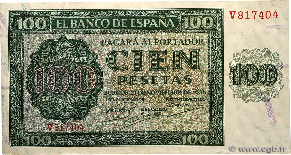 100 Pesetas SPAIN  1936 P.101 VF