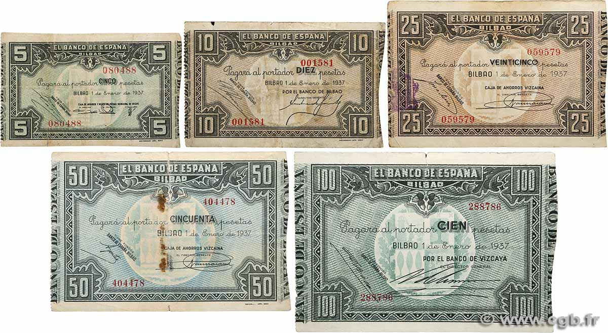 5 au 100 Pesetas Lot SPAIN Bilbao 1937 PS.561 au 565a VG