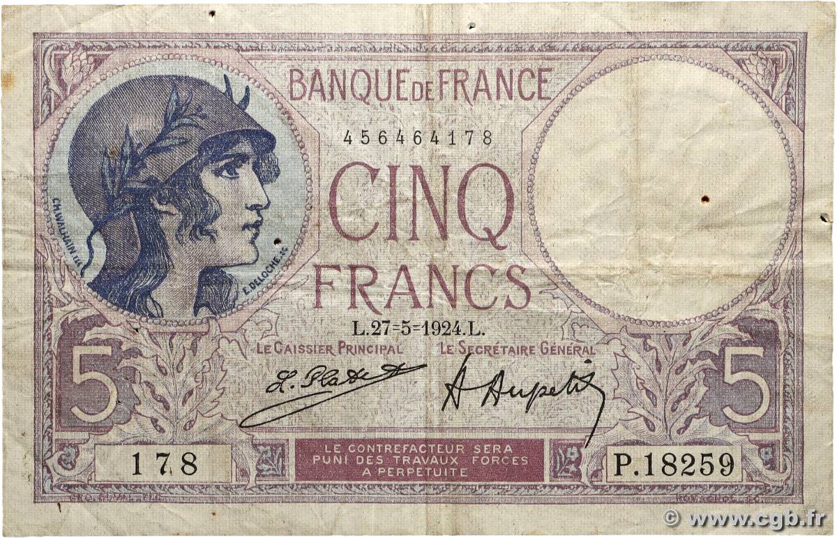 5 Francs FEMME CASQUÉE FRANCE  1924 F.03.08 F