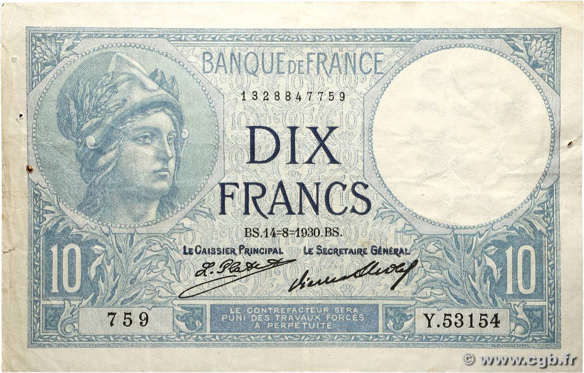 10 Francs MINERVE FRANCE  1930 F.06.14 F+