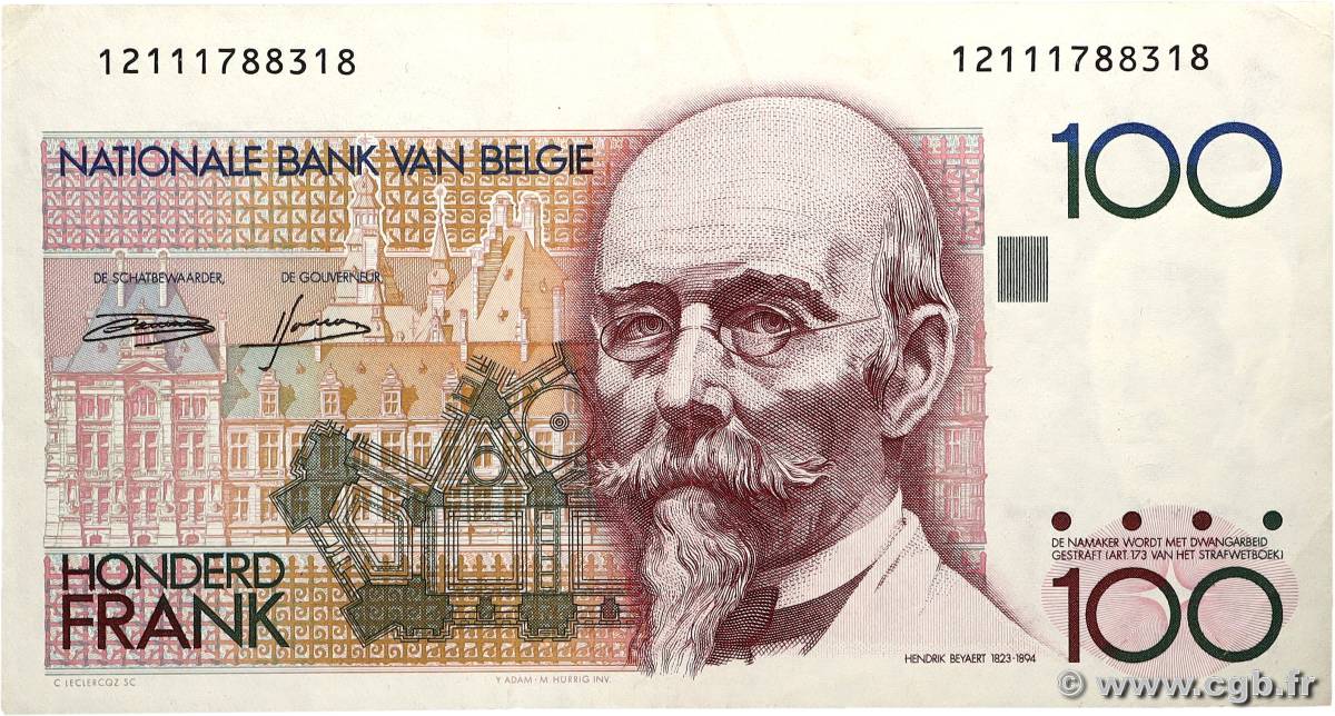 100 Francs BELGIO  1982 P.142a q.SPL