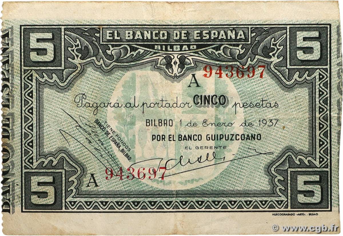 5 Pesetas SPAGNA Bilbao 1937 PS.561c MB