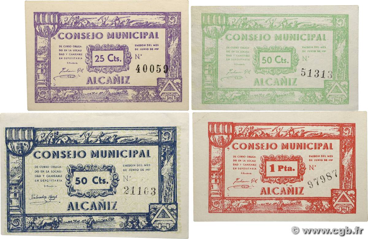 25 et 50 Centimes et 1 Pta Lot SPAIN Alcañiz 1937 P.- AU+