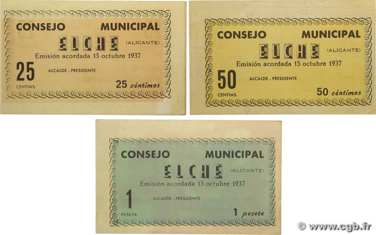 25 et 50 Centimes et 1 Peseta Lot SPAIN Elche 1937 P.- UNC-