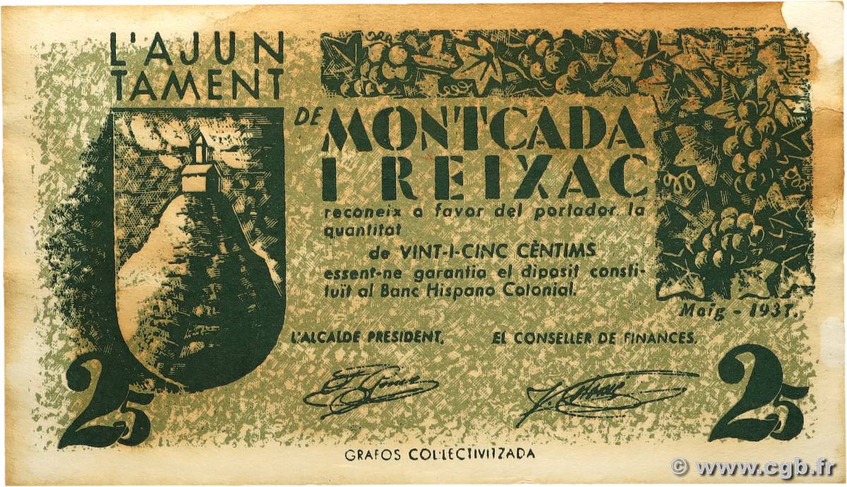 25 Centims SPAGNA Montcada et Reixac 1937 P.- q.SPL