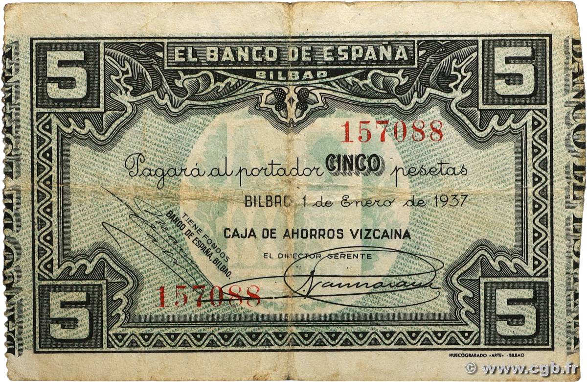 5 Pesetas SPAGNA Bilbao 1937 PS.561c MB