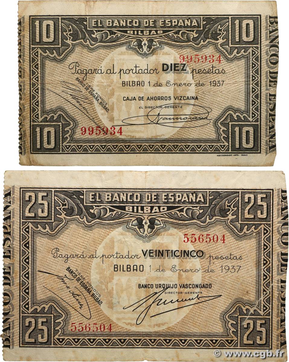 10 et 25 Pesetas Lot SPAIN Bilbao 1937 PS.562f et PS.563g F
