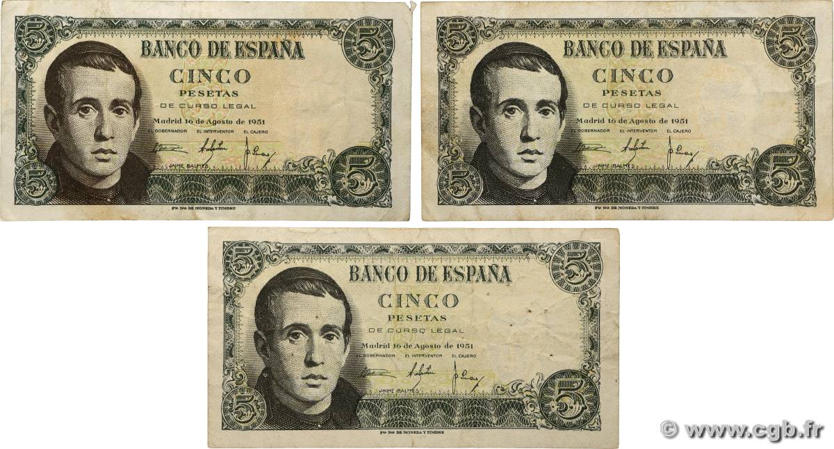 5 Pesetas Lot SPAGNA  1951 P.140a q.BB