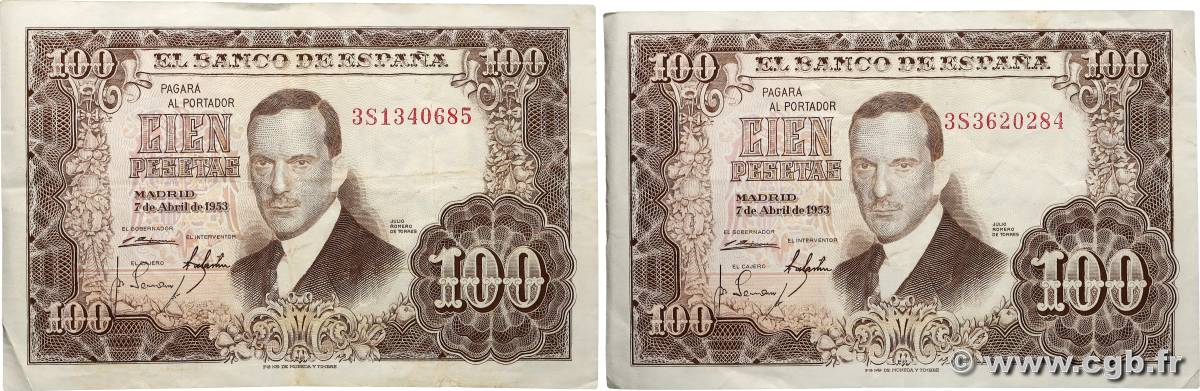 100 Pesetas Lot SPAGNA  1953 P.145 BB
