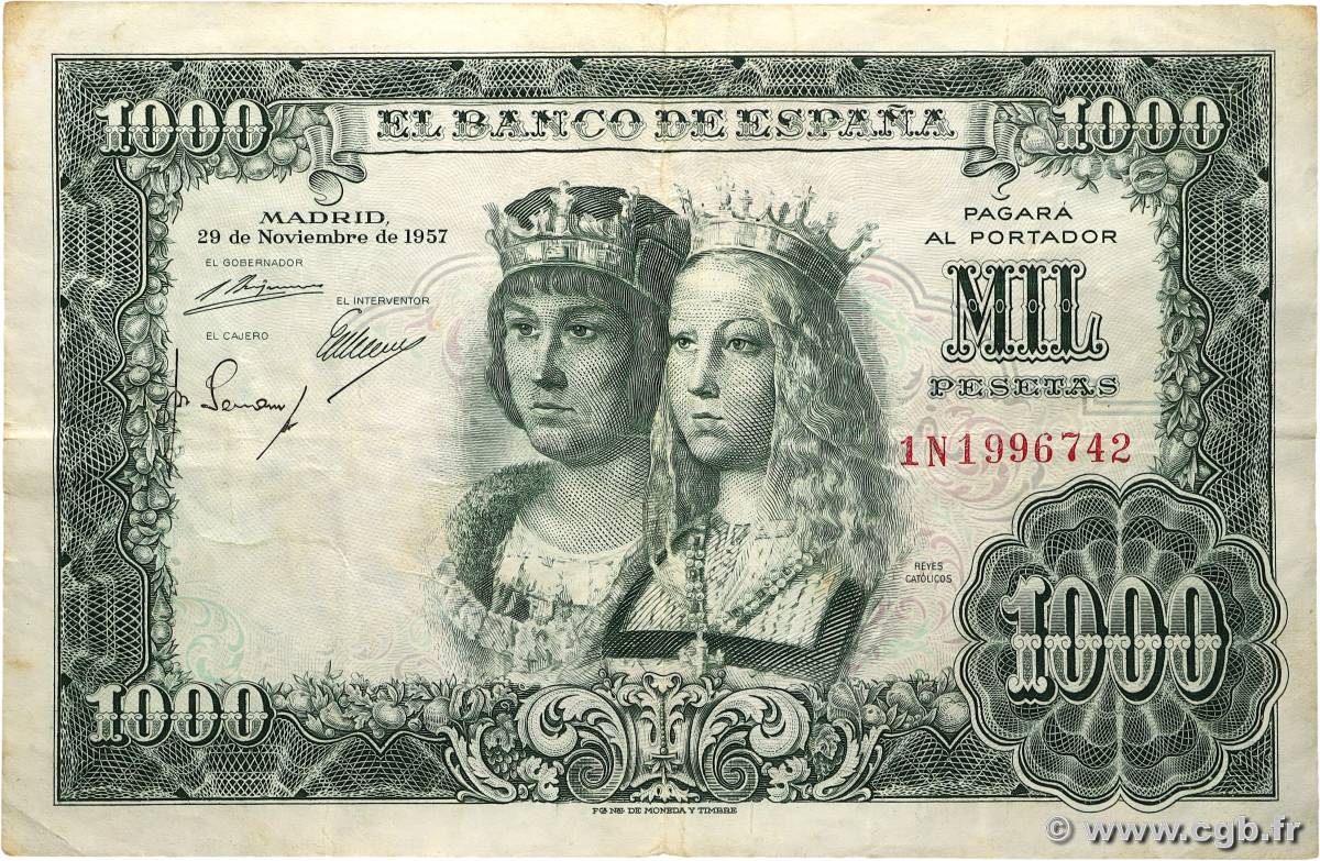 1000 Pesetas SPAGNA  1957 P.149a q.BB