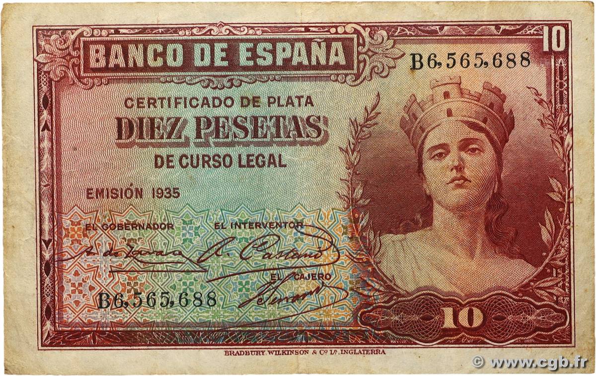 10 Pesetas SPAGNA  1935 P.086a MB