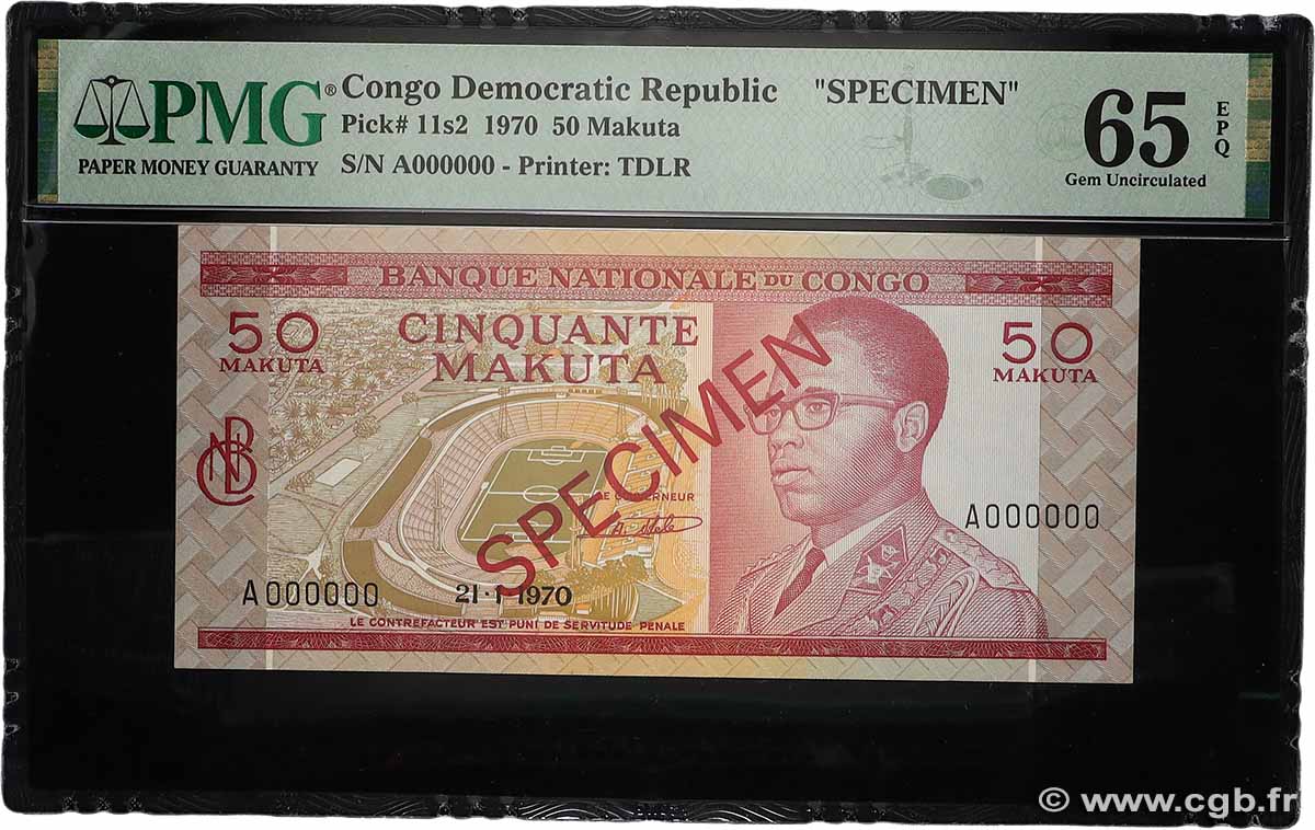 50 Makuta Spécimen RÉPUBLIQUE DÉMOCRATIQUE DU CONGO  1970 P.011s2 NEUF