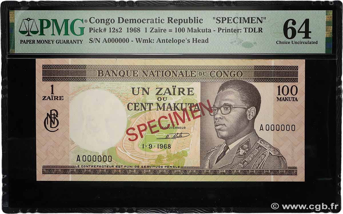 1 Zaïre - 100 Makuta Spécimen RÉPUBLIQUE DÉMOCRATIQUE DU CONGO  1968 P.012s pr.NEUF