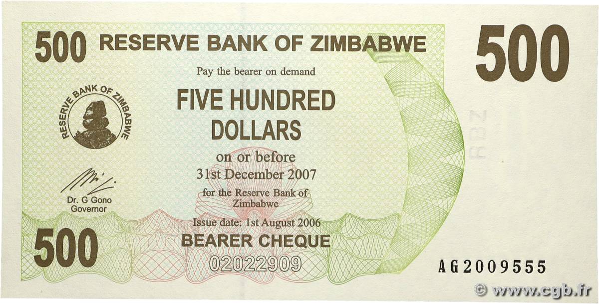 500 Dollars ZIMBABUE  2006 P.43 FDC