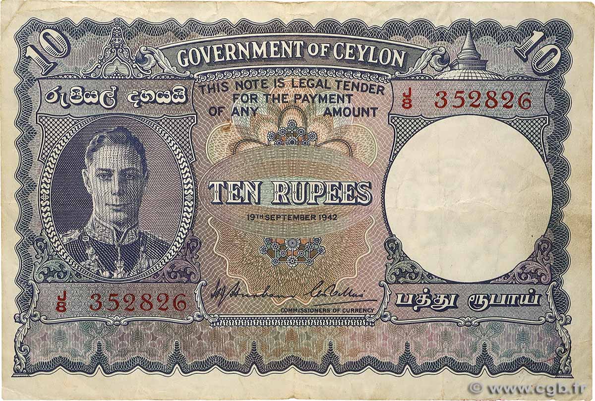 10 Rupees CEYLAN  1942 P.036Aa TB+