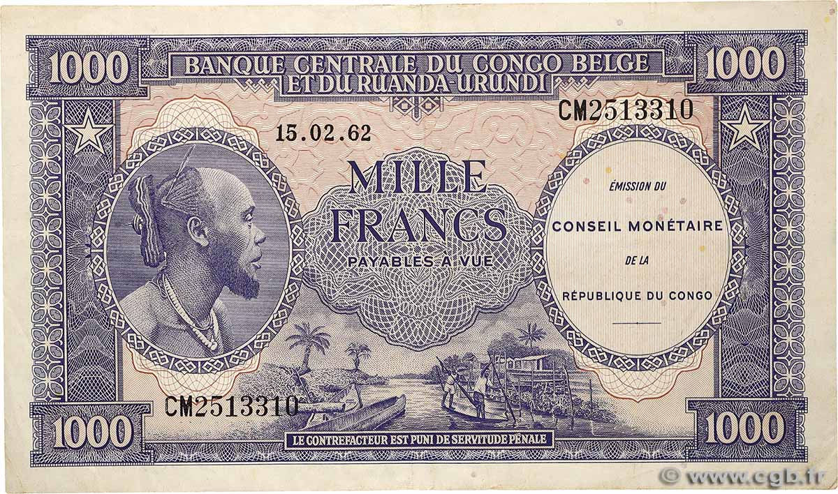 1000 Francs RÉPUBLIQUE DÉMOCRATIQUE DU CONGO  1962 P.002a TTB